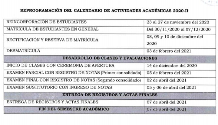 CALENDARIO ACADÉMICO 2020-II